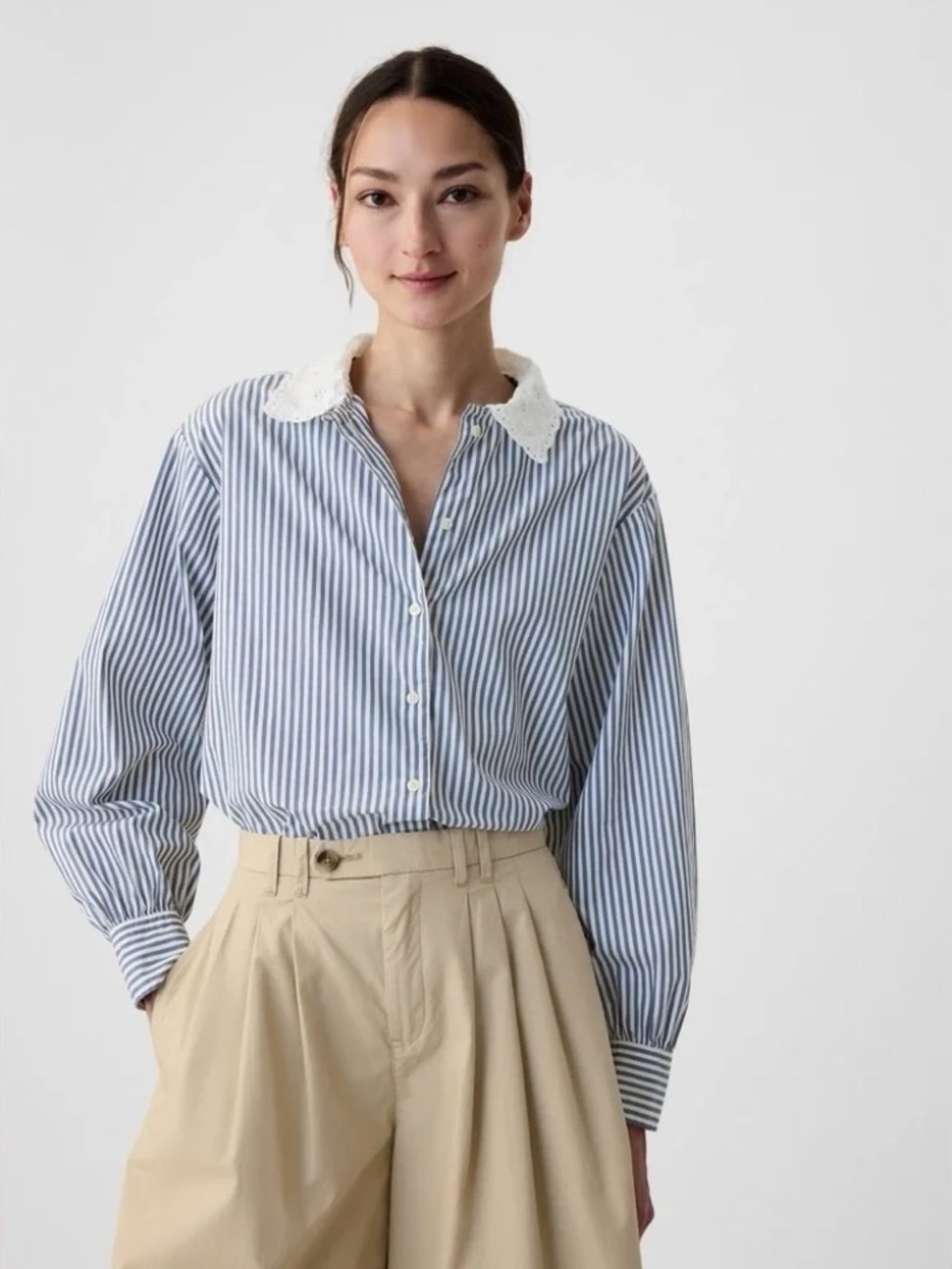Doen x GAP Blue & White Vertical Stripe Button-Up with Lace Collar
